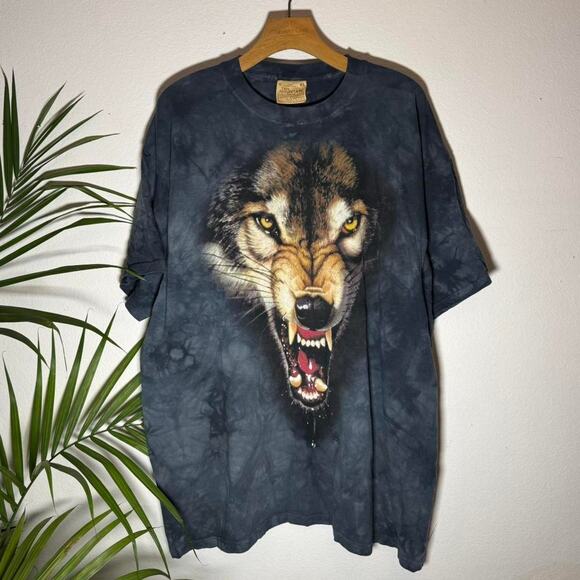 Vintage 90s Snarling Wolf Animal Nature Leather Tag The Mountain Graphic Tee - Picture 1 of 3